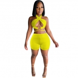 Yellow Halter Hollow-Out 2PCS Women Sexy Short Sets