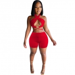 Red Halter Hollow-Out 2PCS Women Sexy Short Sets