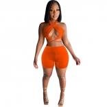 Orange Halter Hollow-Out 2PCS Women Sexy Short Sets