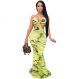 Green Sleeveless Halter Low-Cut V-Neck Printed Women Maxi Dress