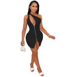 Black Sleeveless Zipper Hollow-out Women Mini Dress