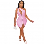 Pink Sleeveless Zipper Hollow-out Women Mini Dress