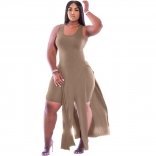 Khaki Sleeveless Halter Low-Cut 2PCS Plus Size Dress