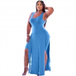 LightBlue Sleeveless Halter Low-Cut 2PCS Plus Size Dress