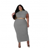 Grey Short Sleeve Plus Size Women Midi Dress