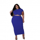 Blue Short Sleeve Plus Size Women Midi Dress