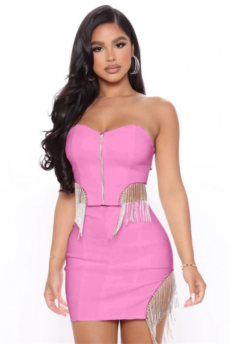 Pink Sleeveless Off-Shoulder Zipper 2PCS Rainstones Sexy Mini Dress