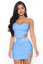Blue Sleeveless Off-Shoulder Zipper 2PCS Rainstones Sexy Mini Dress