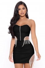 Black Sleeveless Off-Shoulder Zipper 2PCS Rainstones Sexy Mini Dress