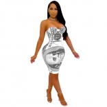 White Sleeveless Off-Shoulder Printed Dollars V-Neck Mini Dress