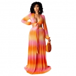 Orange Long Sleeve V-Neck Printed 2PCS Women Fashion Maxi Dress