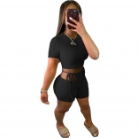 Black Short Sleeve O-Neck 2PCS Women Sexy Clubwear