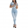 LightBlue Short Sleeve Zipper V-Neck Jeans Women Jumpsuit