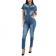 Blue Short Sleeve Zipper V-Neck Jeans Women Jumpsuit