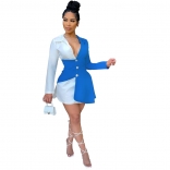 Blue Long Sleeve V-Neck Botton Women T-Skirt