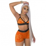 Orange Halter V-Neck Bra Lace Sexy Pant Set