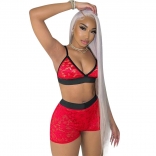 Red Halter V-Neck Bra Lace Sexy Pant Set