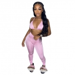 Pink Sleeveless Halter V-Neck 2PCS Sexy Women Jumpsuit