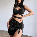 Black Sleeveless V-Neck 2PCS Women Bandage Mini Dress