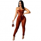 Red Off-Shoulder Lace-up Bandge Mesh Sexy Women Jumpsuit