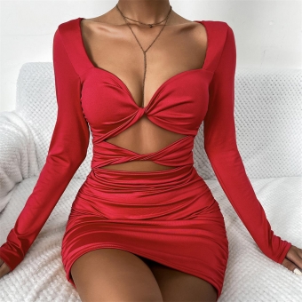 Red Long Sleeve Low-Cut V-Neck Bodycons Mini Dress