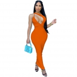 Orange Sleeveless Deep V-Neck Halter Fashion Women Midi Dress