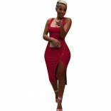 Red Sleeveless Halter Low-Cut Button Sexy Midi Dress