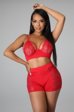 Red Halter V-Neck Lace Sexy Women Pants Set