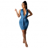 Blue Sleeveless Jeans Deep V-Neck Bodycons Mini Dress