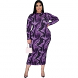 Purple Long Sleeve O-Neck Printed Plus Size Midi Dress