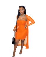 Orange Long Sleeve Boat-Neck Mesh 2PCS Bodycon Mini Dress