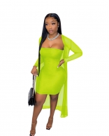 Green Long Sleeve Boat-Neck Mesh 2PCS Bodycon Mini Dress