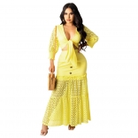 Yellow Long Sleeve V-Neck Hollow-out Mesh Women Fashion Maxi Dress