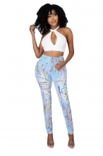 LightBlue Hollow-out Printed Jeans Sexy Pant