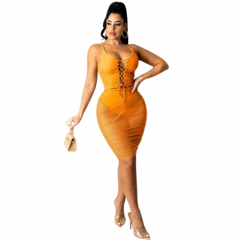 Orange Sleeveless Deep V-Neck Mesh Bandage Sexy Mini Dress