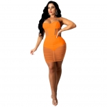 Orange Sleeveless Halter Low-Cut Mesh Bodycons Mini Dress