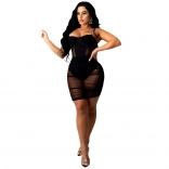 Black Sleeveless Halter Low-Cut Mesh Bodycons Mini Dress
