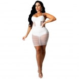 White Sleeveless Halter Low-Cut Mesh Bodycons Mini Dress