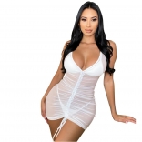 White Halter Deep V-Neck Mesh Sexy Mini Dress With Underwear