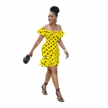 Yellow Off-Shoulder Foral Points Women Skirt Dress