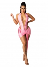 Pink Halter Deep V-Neck Bandage Rompers With Mini Dress