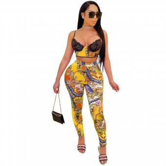 Yellow Sleeveless Halter Low-Cut Lace Bra Printed Sexy Jumpsuit