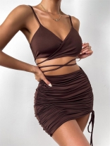 Brown Sleeveless V-Neck Halter 2PCS Pleating Mini Dress