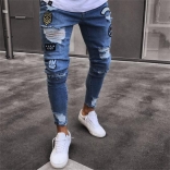 Blue Men's Jeans Fashion Hole Long Trousers