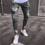 Grey Men's Jeans Fashion Hole Long Trousers