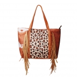 Brown Women Leopard Tassels Rivet Shoulder Bag