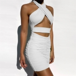 White Sleeveless Hollow-out Bandage Women Mini Dress