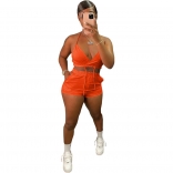 Orange Sleeveless V-Neck Sexy 2PCS Women Short Set