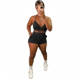 Black Sleeveless V-Neck Sexy 2PCS Women Short Set