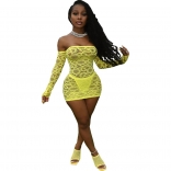 Yellow Long Sleeve Off-Shoulder Mesh Sexy Clubwear with Underwear